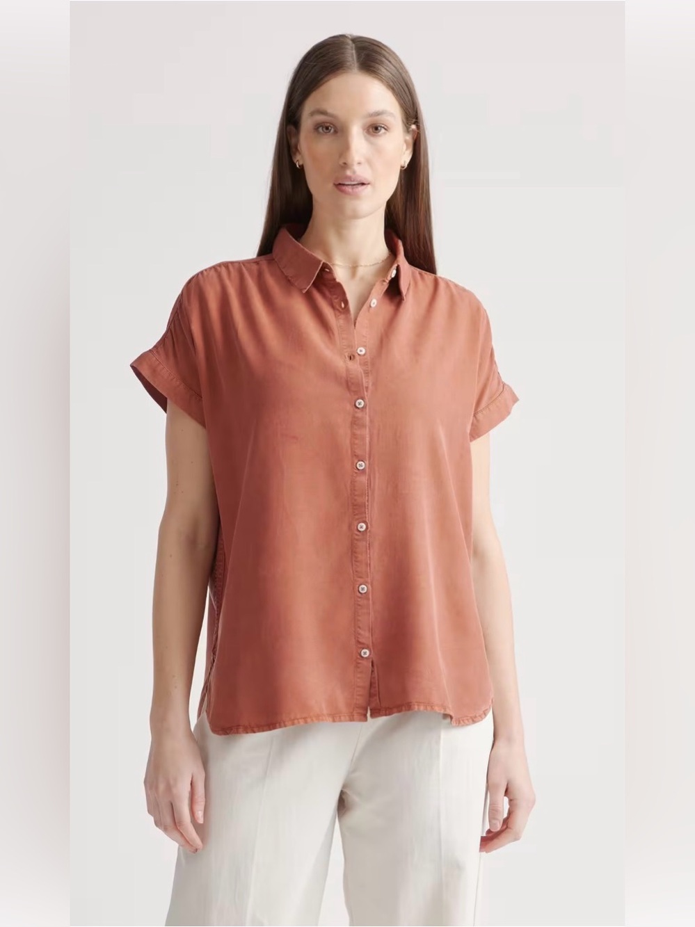 Quince Vintage Wash Tencel Camp Shirt in Terracotta , Large